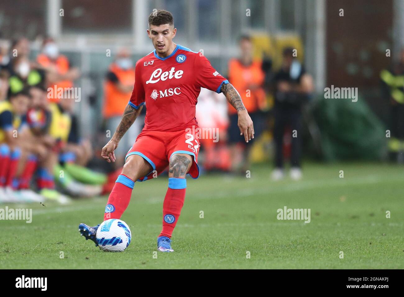 SSC Napoli's Italian defender Giovanni Di Lorenzo controls the ball during Serie A football match between Sampdoria and Napoli  at the Luigi Ferraris Stadium, Genova , Italy, on September  23 2021. Stock Photo