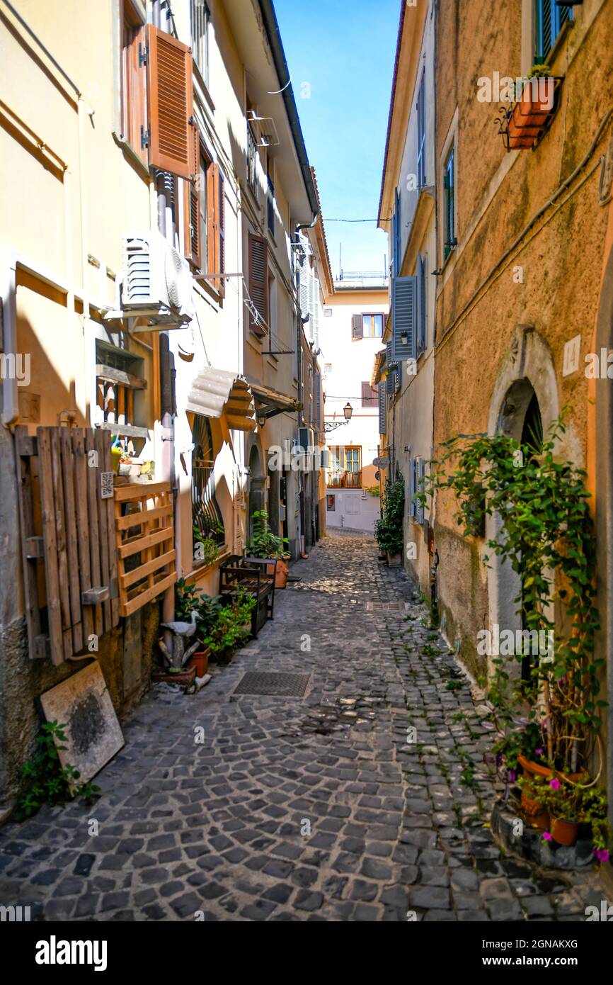 A narrow street in Castelgandolfo, a medieval town overlooking a lake in the province of Rome, Italy. Stock Photo