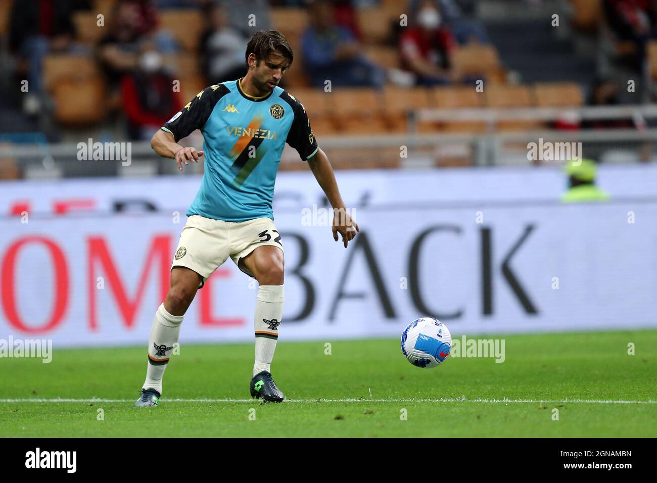 Pietro Ceccaroni of Venezia Fc  controls the ball during the Serie A match between Ac Milan and Venezia Fc at Stadio Giuseppe Meazza on September 22 2021 in Milan, Italy. Stock Photo