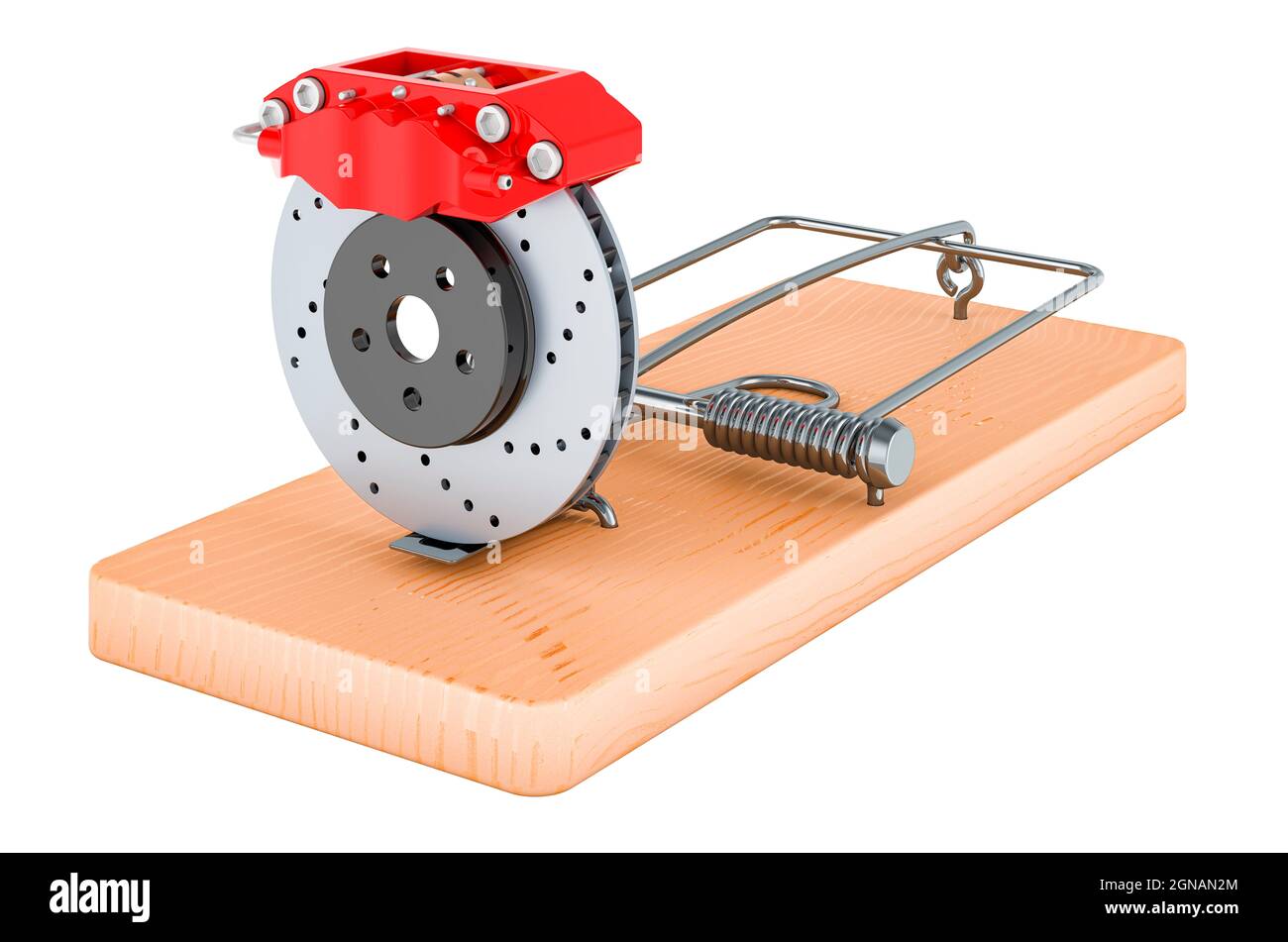 Car disc brake inside mousetrap, 3D rendering isolated on white