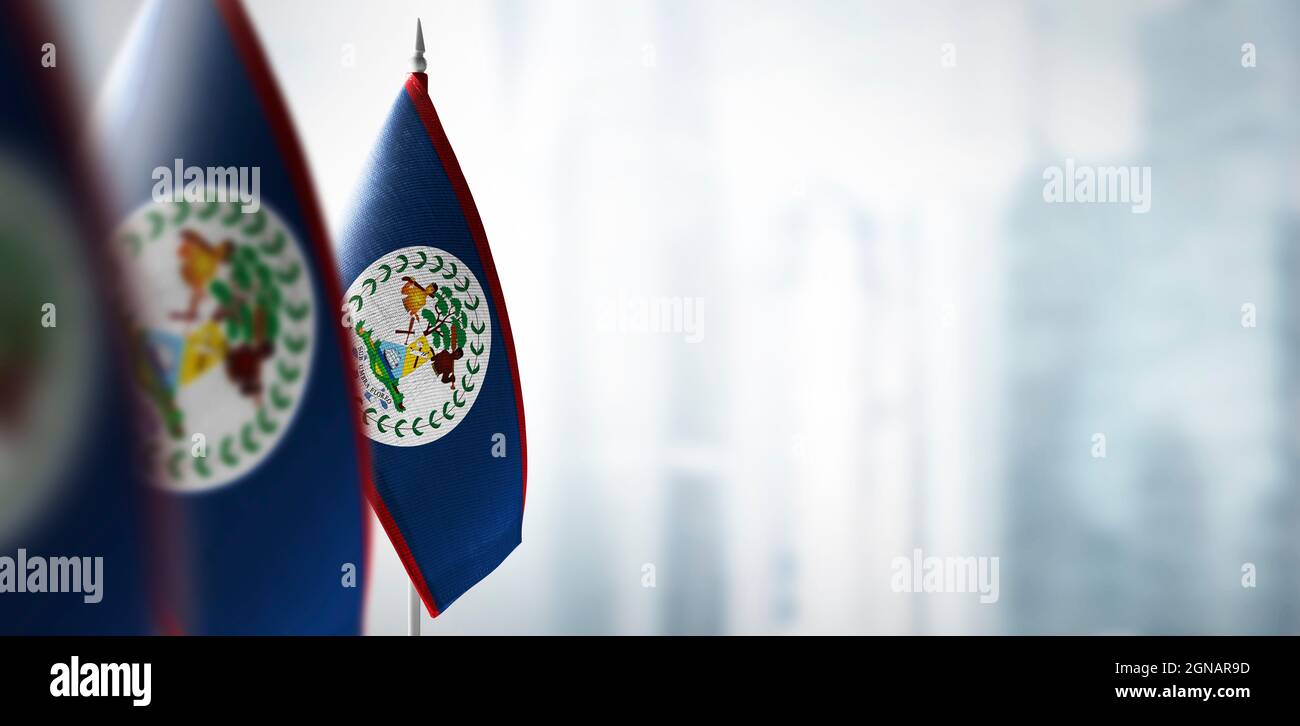 Small flags of Belize on a blurry background of the city Stock Photo