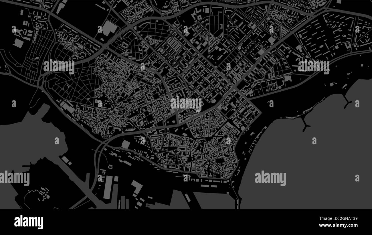 Dark black Varna City area vector background map, streets and water cartography illustration. Widescreen proportion, digital flat design streetmap. Stock Vector