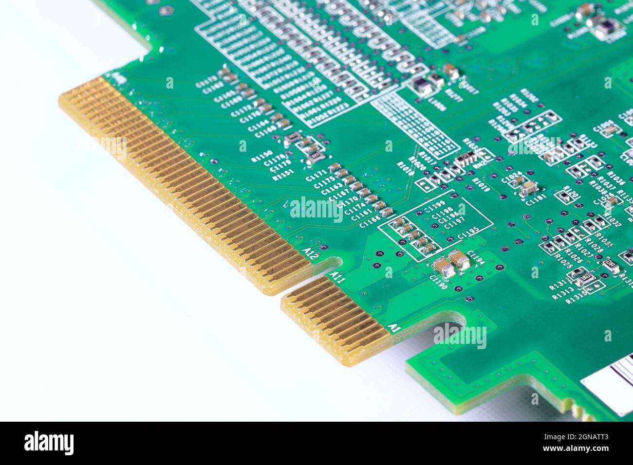Close up PCI-express 8x card connector for interface with computer isolated on white background Stock Photo