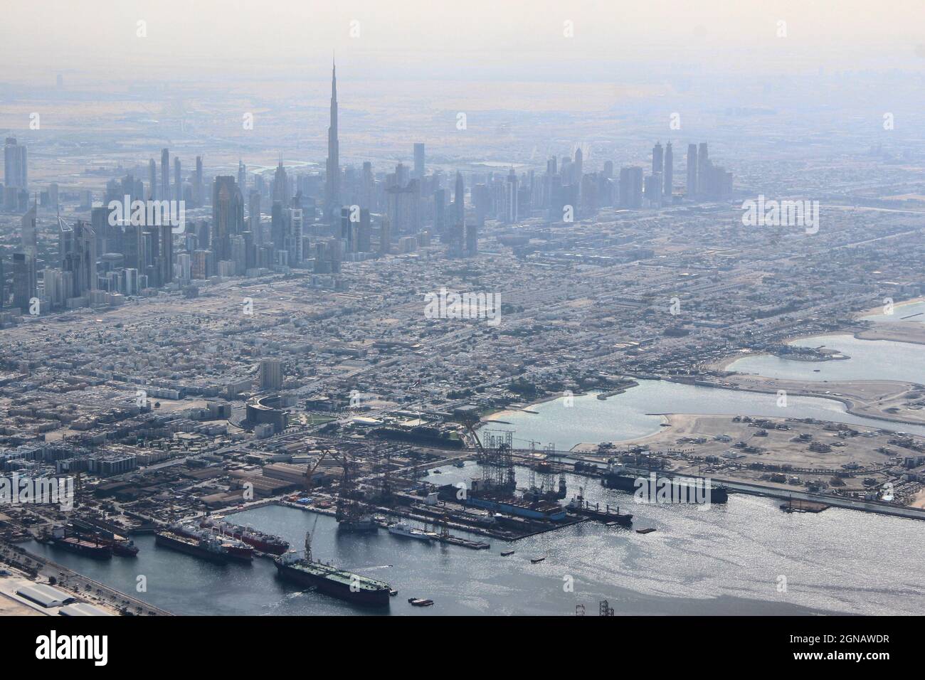 photo taken from up above the city beauty Dubai, to up view from an airplane, this photo taken on the national day of UAE 2nd of December Stock Photo