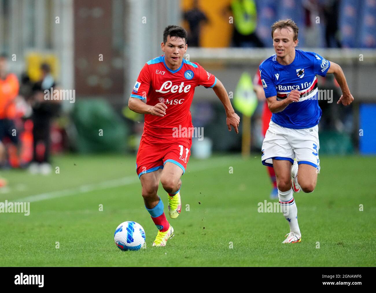 Genoa, Italy. 30 April 2022. Antonio Candreva of UC Sampdoria competes for  the ball with Pablo Galdames of Genoa CFC during the Serie A football match  between UC Sampdoria and Genoa CFC.