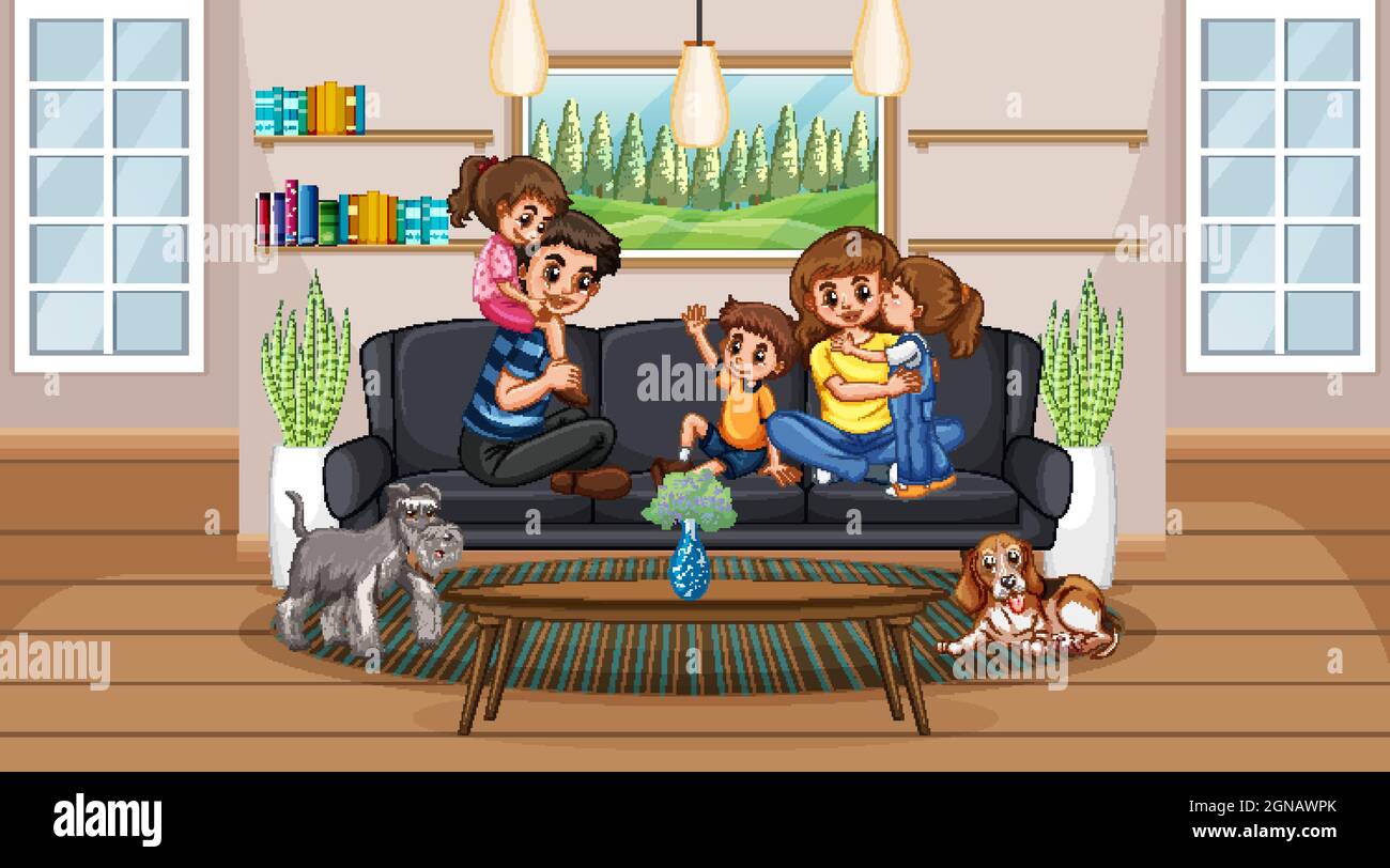 Happy family in the living room scene illustration Stock Vector Image & Art  - Alamy