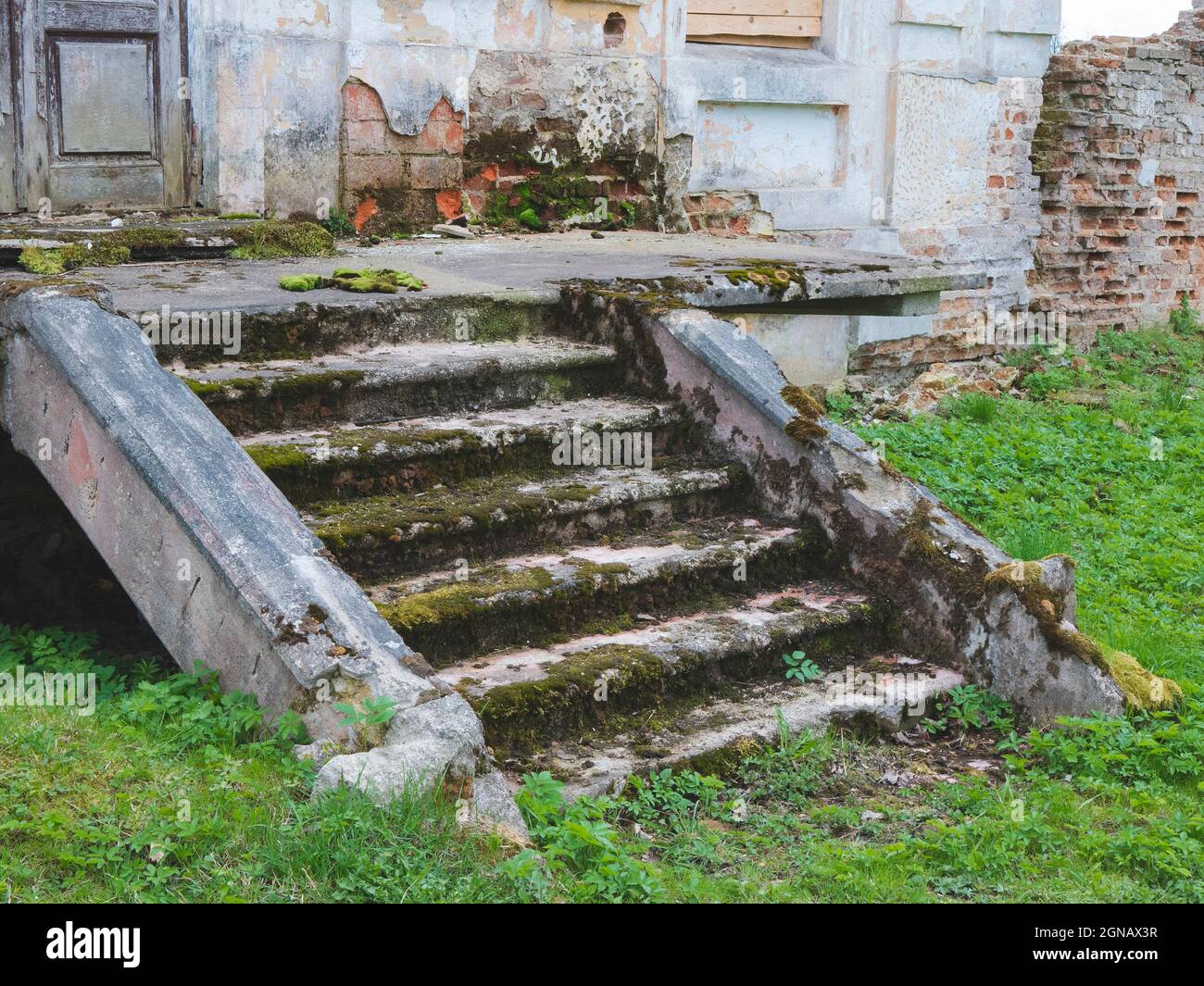 Stone Stairs Are Falling Apart Old Steps Covered By Green Moss And