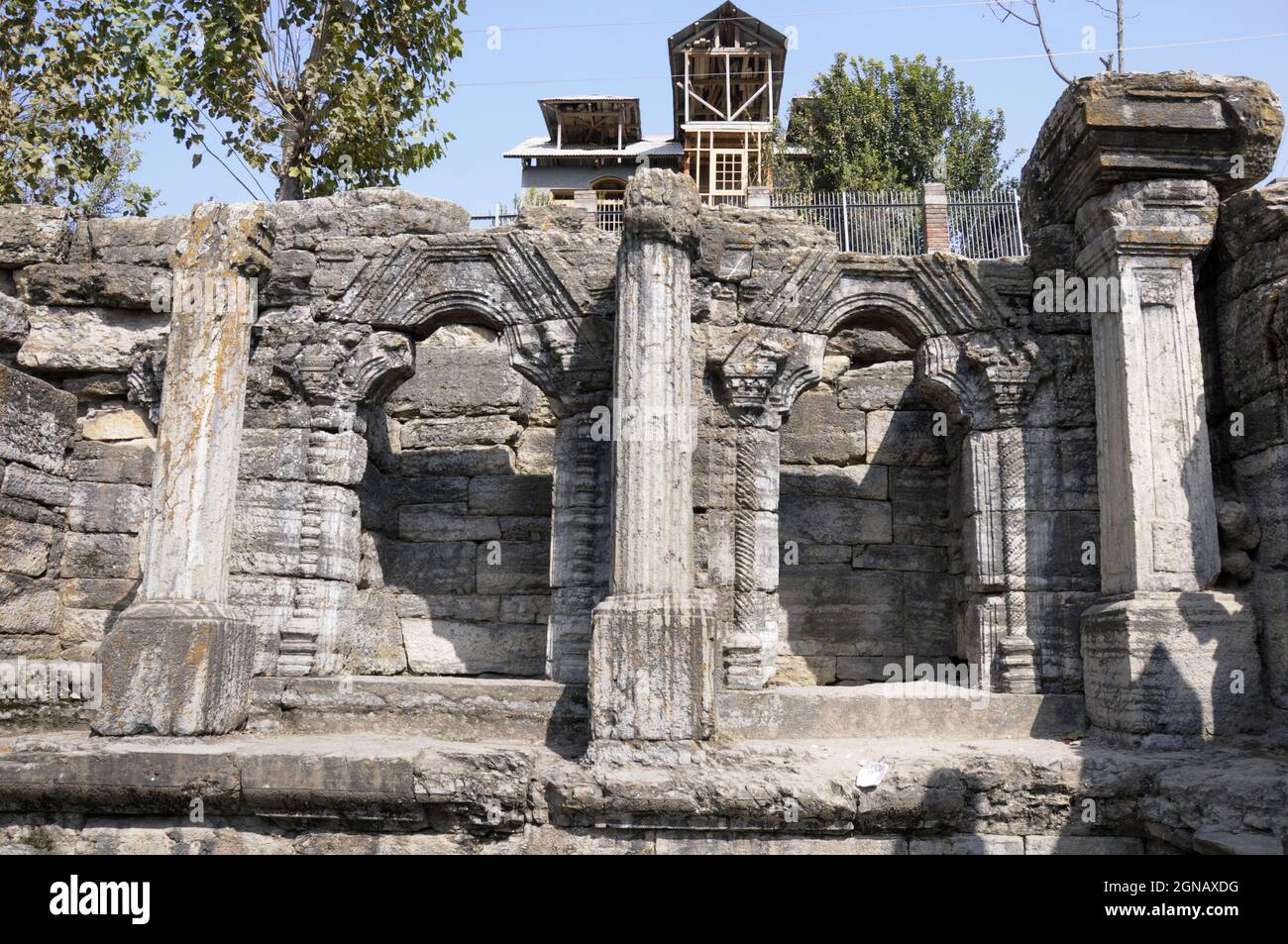 Avantipur Temple, founded by king Avantivarman (AD 855-883). Over the years, the temple has been reduced to ruins but it is still a popular site on wa Stock Photo