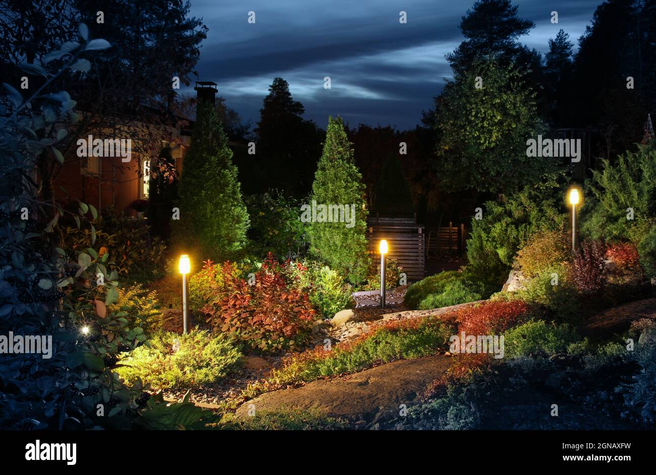 Illuminated home garden path patio lights and plants in autumn evening ...