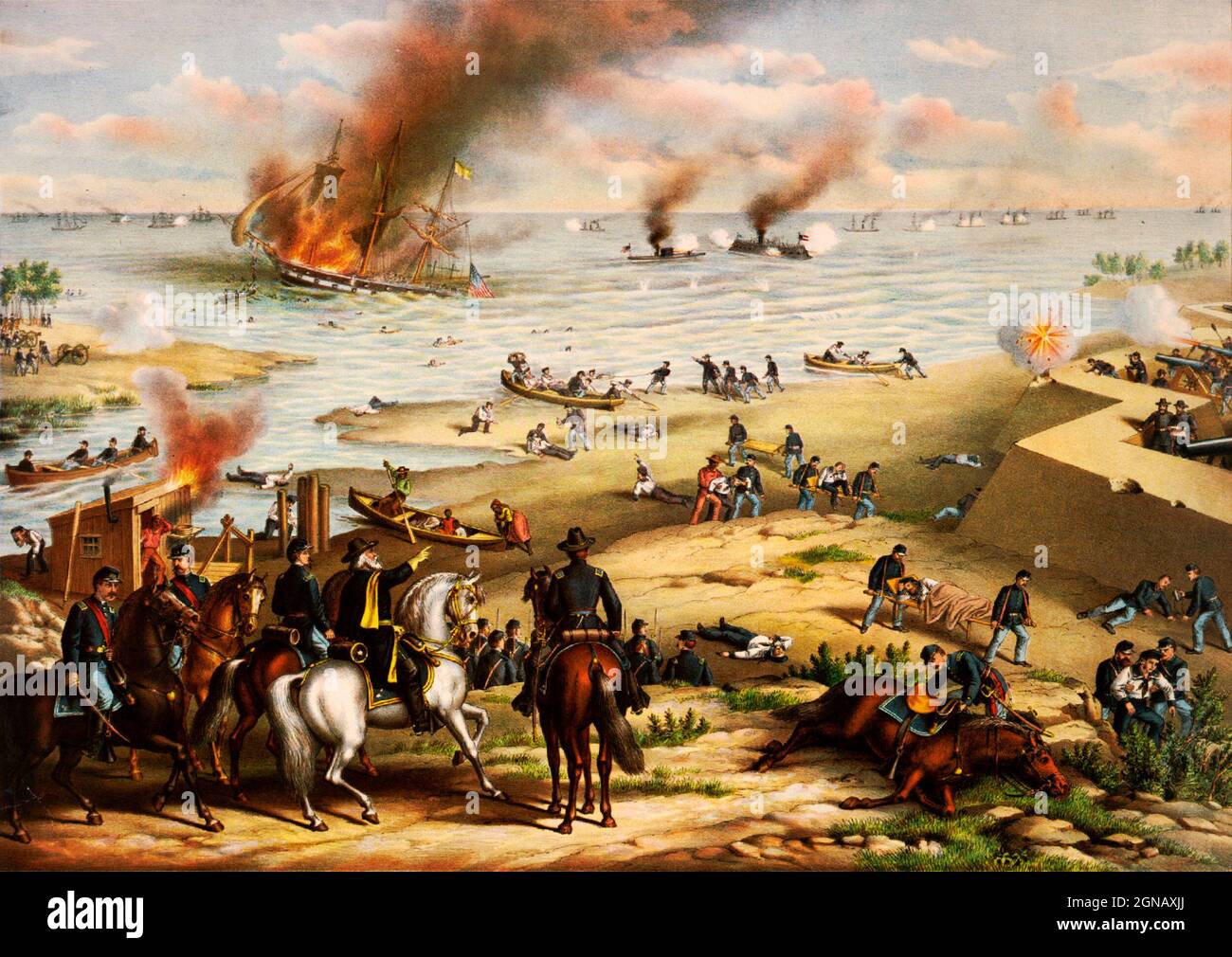 Battle of the Monitor and Merrimack, also called Battle of Hampton Roads, (March 9, 1862), in the American Civil War, naval engagement at Hampton Roads, Virginia, a harbour at the mouth of the James River, notable as history's first duel between ironclad warships and the beginning of a new era of naval warfare. by Kurz and Allison Stock Photo