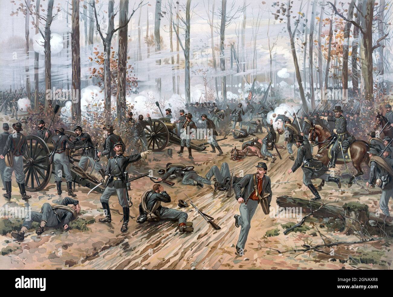 The Battle of Shiloh by Thure de Thulstrup (also known as the Battle of Pittsburg Landing) was an early battle in the Western Theater of the American Civil War, fought April 6–7, 1862, in southwestern Tennessee. The Union Army of the Tennessee (Major General Ulysses S. Grant) had moved via the Tennessee River deep into Tennessee and was encamped principally at Pittsburg Landing on the west bank of the Tennessee River, where the Confederate Army of Mississippi (General Albert Sidney Johnston, P. G. T. Beauregard second-in-command) launched a surprise attack on Grant's army from its base in Cori Stock Photo