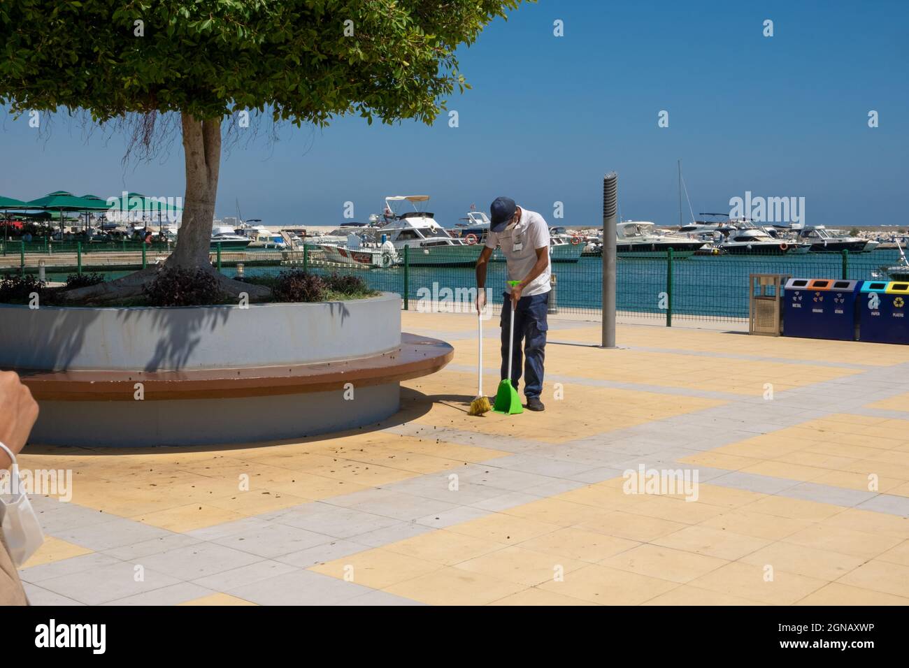 Cleaning man sweeping floor in marina, under big tree. Stock Photo