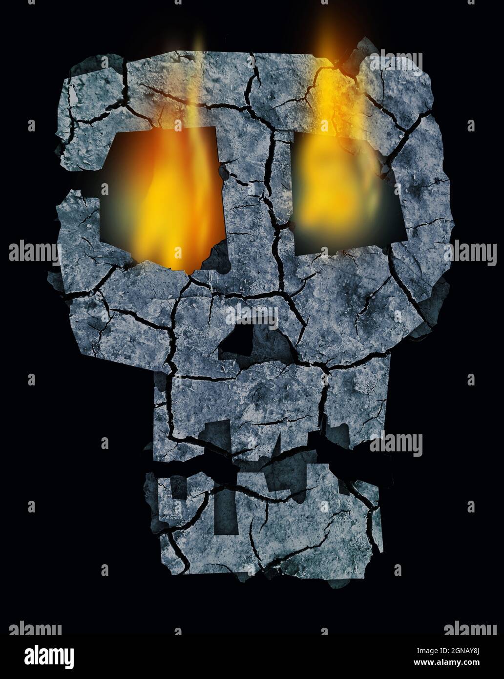 Skull with glowing fiery eyes, Halloween motive. Photo-montage with Dry cracked earth and stylized human skull. Stock Photo