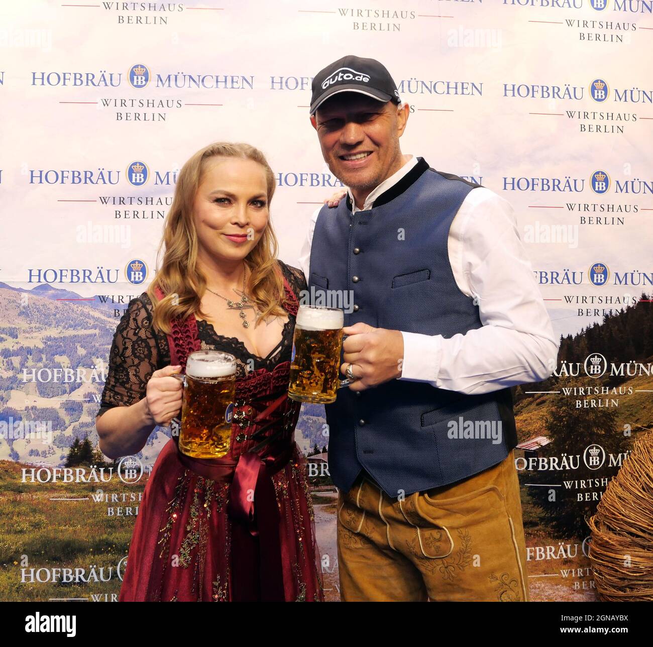 Berlin, Germany. 17th Sep, 2021. Boxer Regina Halmich and boxer Axel Schulz  celebrate at the opening of the Oktoberfest in the Hofbräu pub at  Alexanderplatz. Credit: XAMAX/dpa/Alamy Live News Stock Photo -