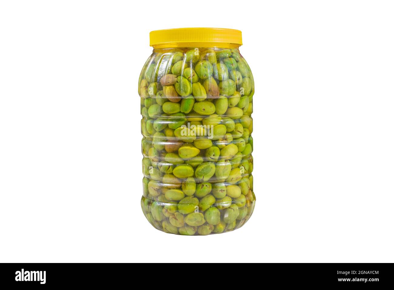 Pickled green olives. Brine green crushed olives in the bottle isolated