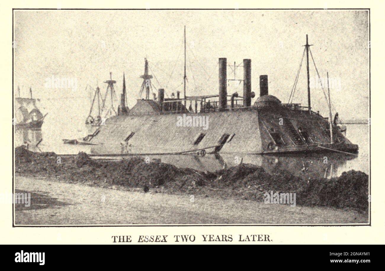 The thousand-ton ironclad Essex [USS Essex was a 1000-ton ironclad river gunboat of the United States Army and later United States Navy during the American Civil War. It was named for Essex County, Massachusetts. USS Essex was originally constructed in 1856 at New Albany, Indiana as a steam-powered ferry named New Era.] from the book ' The Civil war through the camera ' hundreds of vivid photographs actually taken in Civil war times, sixteen reproductions in color of famous war paintings. The new text history by Henry W. Elson. A. complete illustrated history of the Civil war Stock Photo