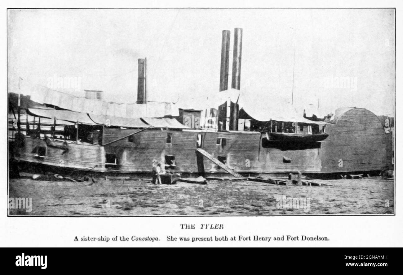 USS Tyler was originally a merchant ship named A. O. Tyler, a commercial side-wheel steamboat with twin stacks and covered paddles positioned aft. Constructed in Cincinnati, Ohio in 1857, it was acquired by the United States Navy, 5 June 1861 for service in the American Civil War and converted into the gunboat USS Tyler on 5 June 1861. She was commissioned in September 1861. She was protected with thick wooden bulwarks. She was present both at Fort Henry and Fort Donelson. from the book ' The Civil war through the camera ' hundreds of vivid photographs actually taken in Civil war times, sixtee Stock Photo