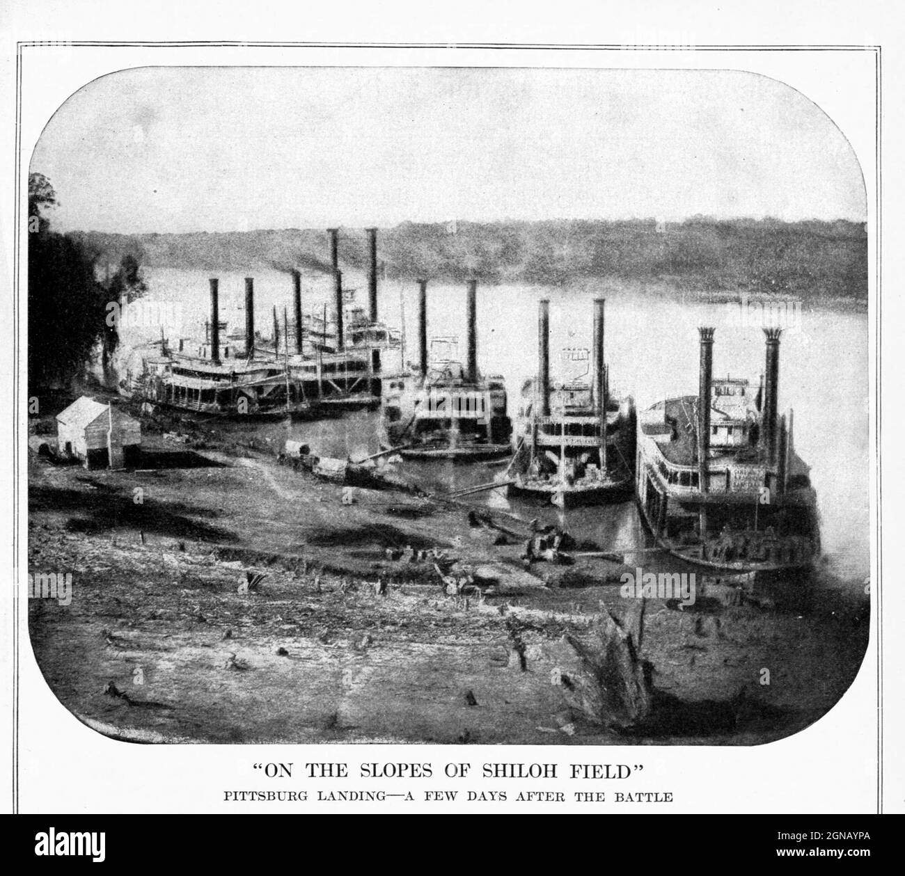 River Boats at Pittsburg Landing, on Tennessee Riverafter the battle of Shilo  from the book ' The Civil war through the camera ' hundreds of vivid photographs actually taken in Civil war times, sixteen reproductions in color of famous war paintings. The new text history by Henry W. Elson. A. complete illustrated history of the Civil war Stock Photo