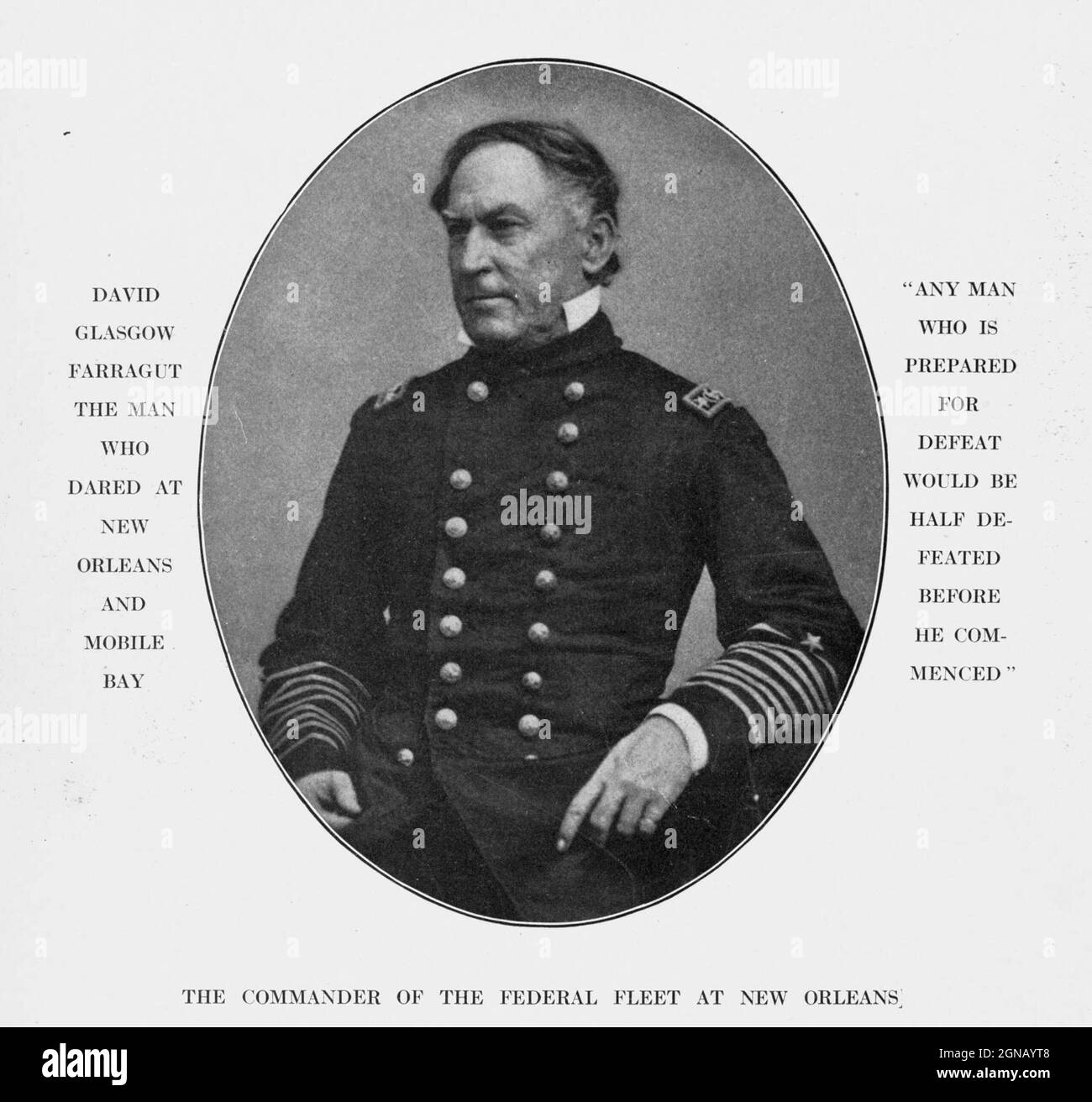 David Glasgow Farragut (July 5, 1801 – August 14, 1870) was a flag officer of the United States Navy during the American Civil War. He was the first rear admiral, vice admiral, and admiral in the United States Navy. He is remembered for his order at the Battle of Mobile Bay usually paraphrased as 'Damn the torpedoes, full speed ahead' in U.S. Navy tradition. from the book ' The Civil war through the camera ' hundreds of vivid photographs actually taken in Civil war times, sixteen reproductions in color of famous war paintings. The new text history by Henry W. Elson. A. complete illustrated his Stock Photo