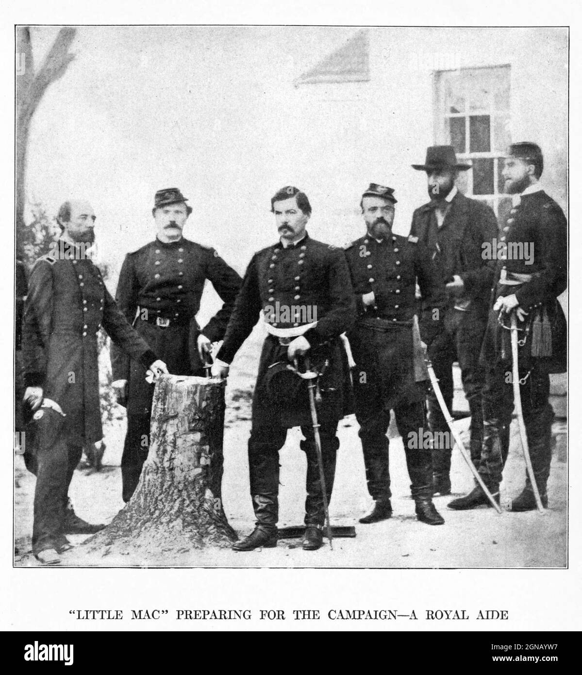 A picture taken in the fall of 1861, when George Brinton McClellan was at the headquarters of General George W. Morell (who stands at the extreme left), commanding a brigade in Fitz John Porter s Division. from the book ' The Civil war through the camera ' hundreds of vivid photographs actually taken in Civil war times, sixteen reproductions in color of famous war paintings. The new text history by Henry W. Elson. A. complete illustrated history of the Civil war Stock Photo