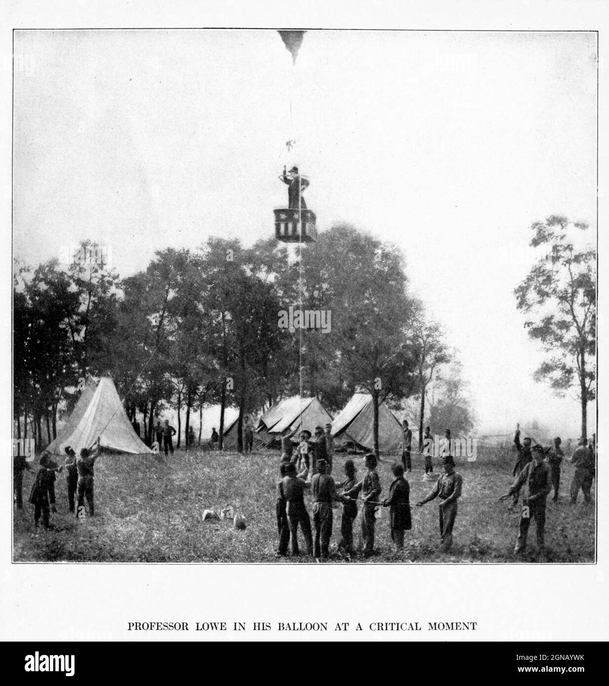 PROFESSOR LOWE IN HIS OBSERVATION BALLOON from the book ' The Civil war through the camera ' hundreds of vivid photographs actually taken in Civil war times, sixteen reproductions in color of famous war paintings. The new text history by Henry W. Elson. A. complete illustrated history of the Civil war Stock Photo