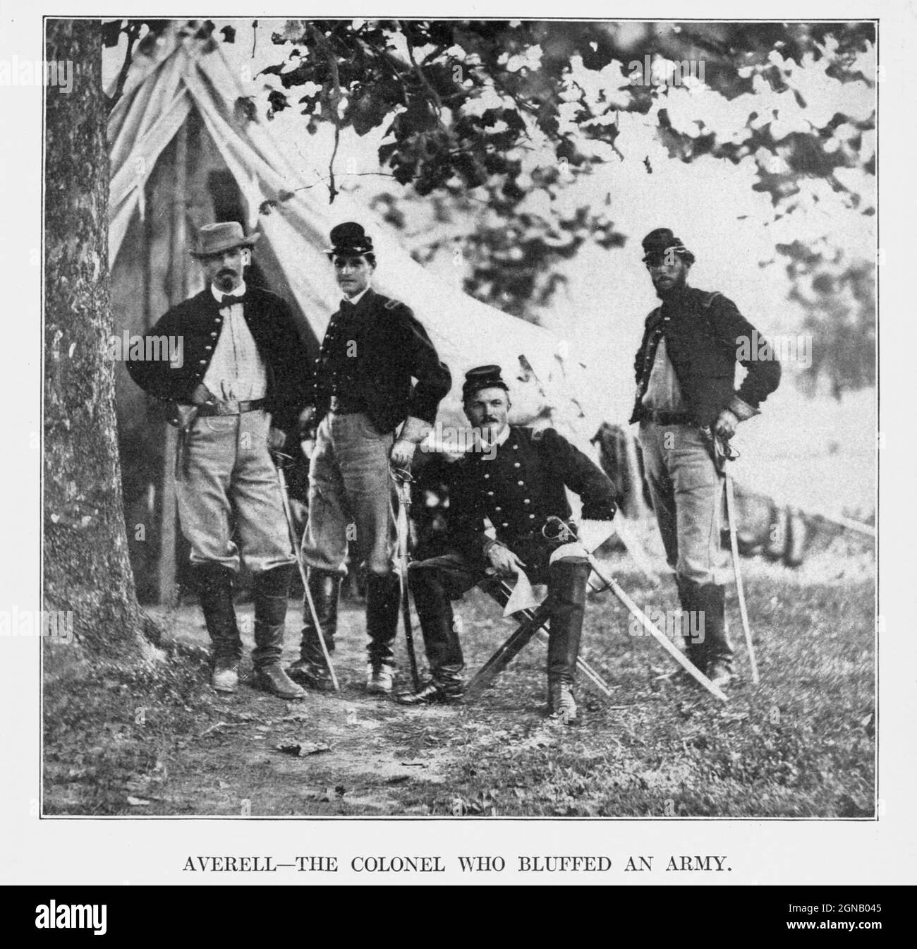 Colonel W. W. Averell and Staff. This intrepid officer of the Third Pennsylvania Cavalry held the Federal position on Malvern Hill on the morning of July 2, 1862, with only a small guard, while McClellan completed the withdrawal of his army to Harrison s Landing. from the book ' The Civil war through the camera ' hundreds of vivid photographs actually taken in Civil war times, sixteen reproductions in color of famous war paintings. The new text history by Henry W. Elson. A. complete illustrated history of the Civil war Stock Photo