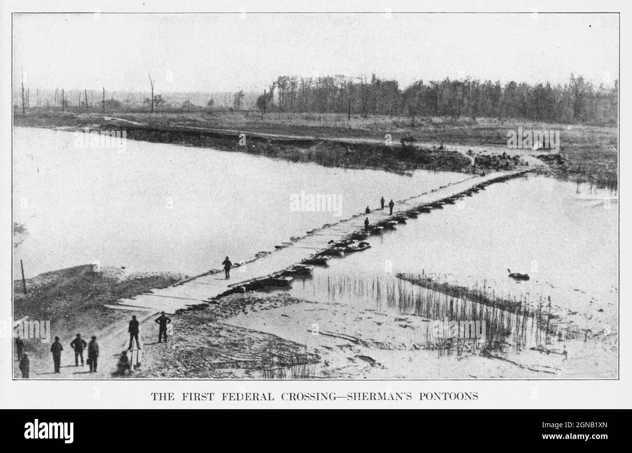 the Big Black River Pontoon Bridge from the book ' The Civil war through the camera ' hundreds of vivid photographs actually taken in Civil war times, sixteen reproductions in color of famous war paintings. The new text history by Henry W. Elson. A. complete illustrated history of the Civil war Stock Photo