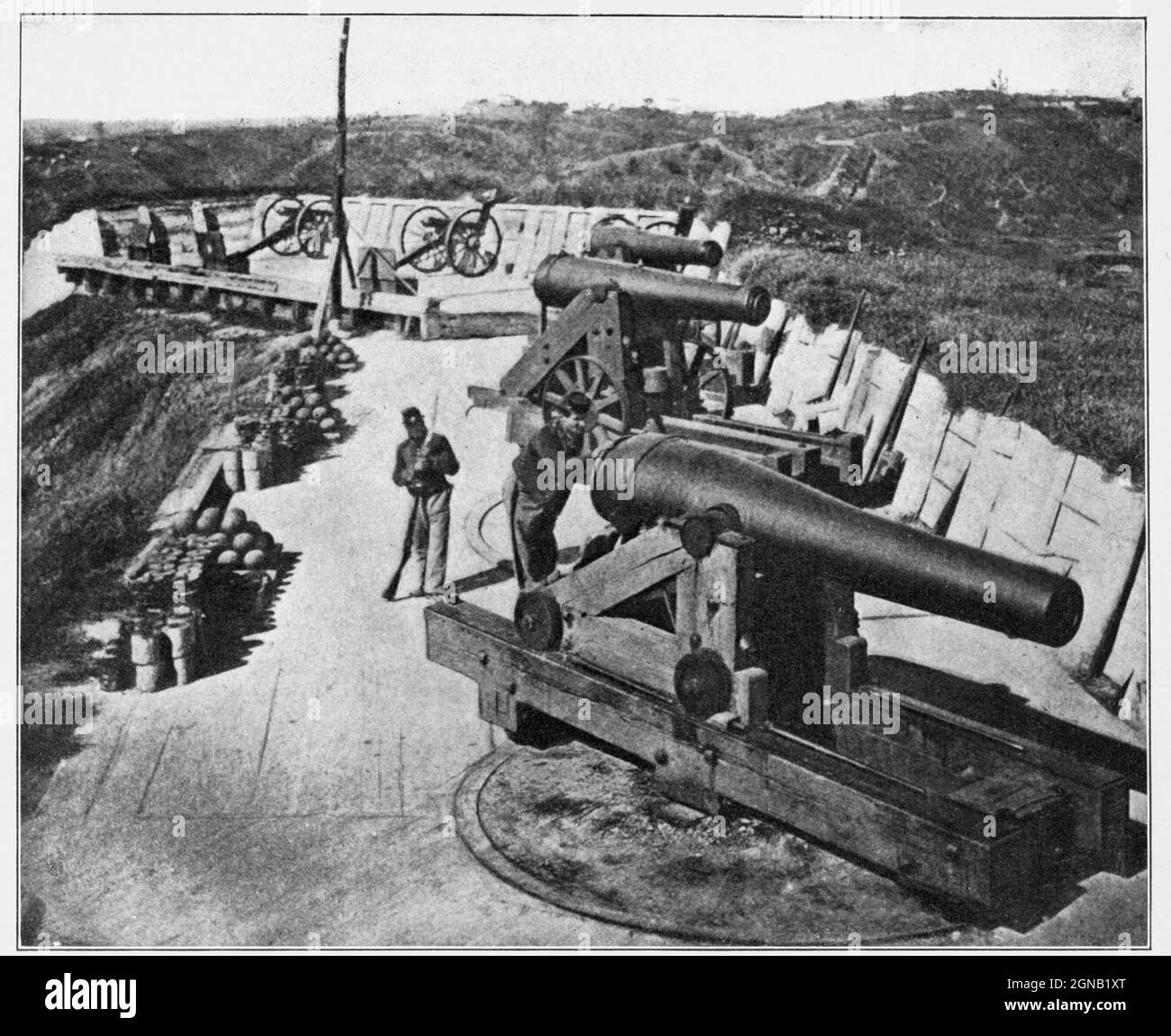 Battery Sherman, on the Jackson Road, before Vicksburg, Mississippi. [The siege of Vicksburg (May 18 – July 4, 1863) was the final major military action in the Vicksburg campaign of the American Civil War. In a series of maneuvers, Union Maj. Gen. Ulysses S. Grant and his Army of the Tennessee crossed the Mississippi River and drove the Confederate Army of Mississippi, led by Lt. Gen. John C. Pemberton, into the defensive lines surrounding the fortress city of Vicksburg, Mississippi]. from the book ' The Civil war through the camera ' hundreds of vivid photographs actually taken in Civil war t Stock Photo