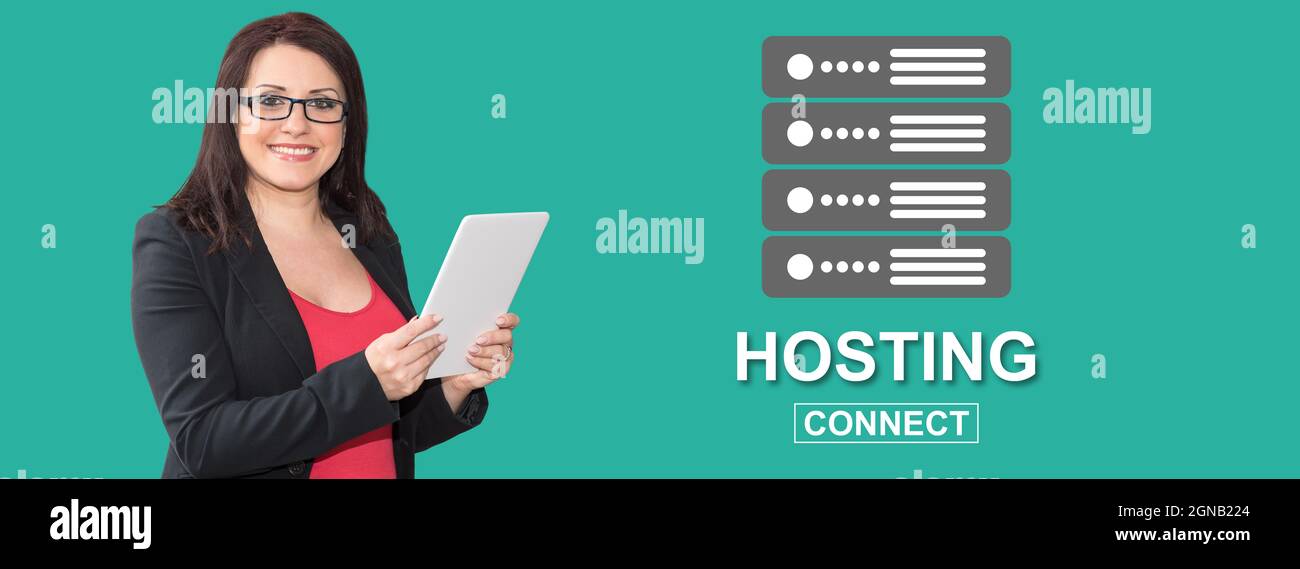 Woman using digital tablet with hosting concept on background Stock Photo