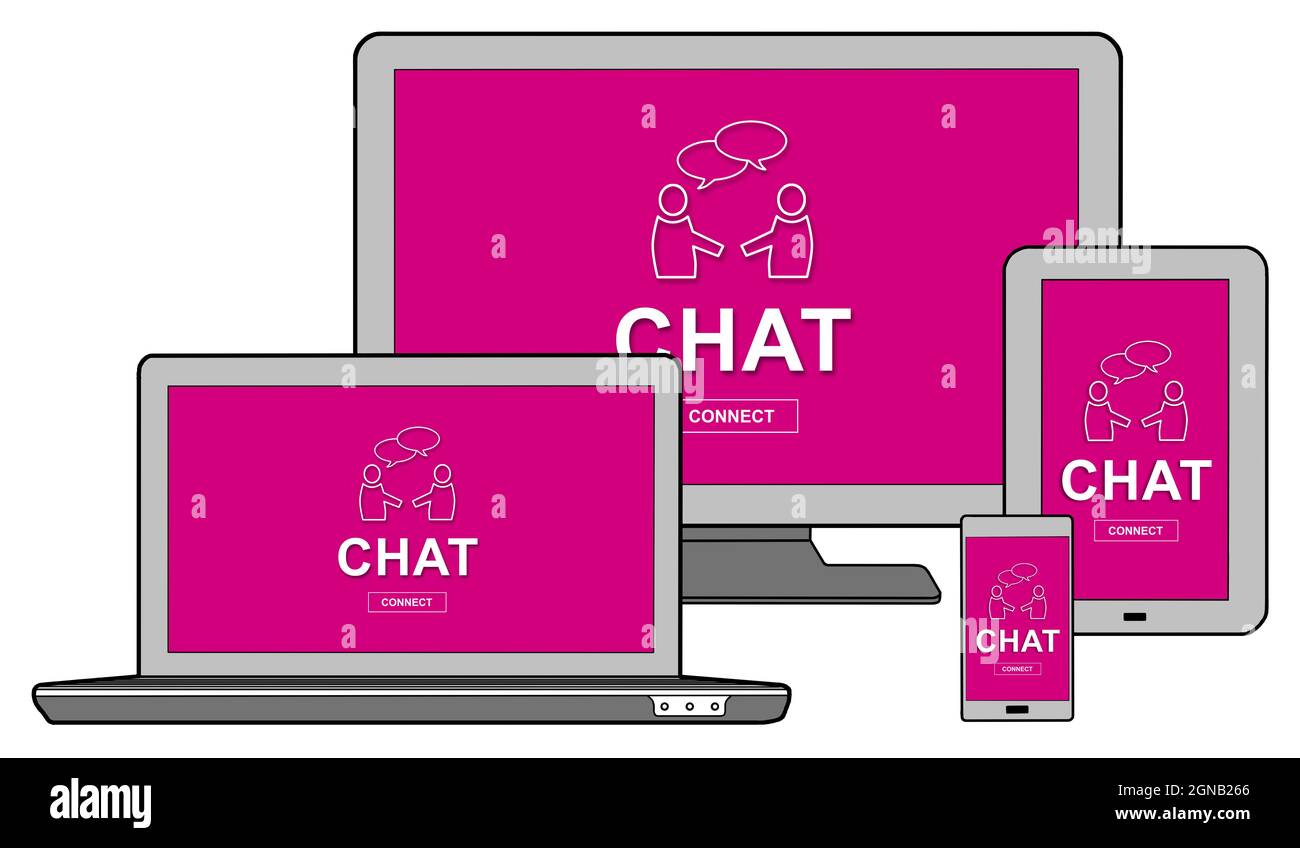Chat concept shown on different information technology devices Stock Photo