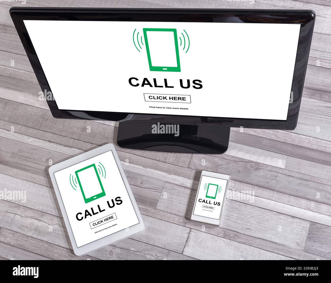 Phone support concept shown on different information technology devices Stock Photo