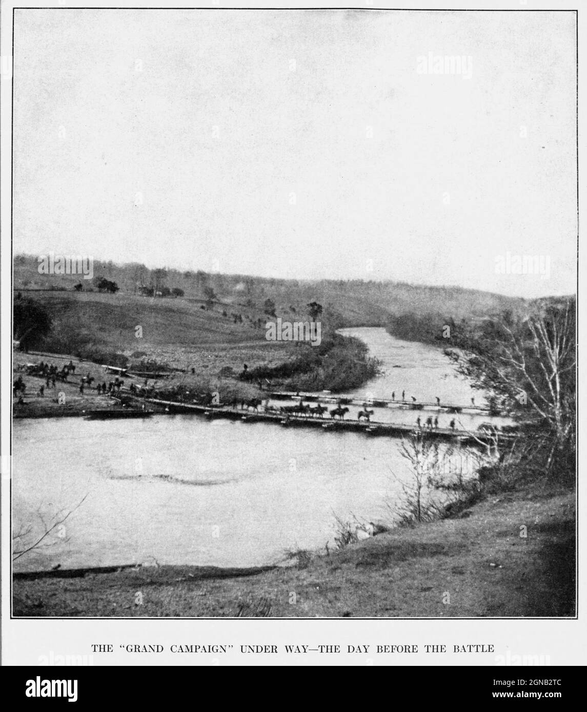 Pontoon-Bridges at Germanna Ford, on the Rapidan. Here the Sixth Corps under Sedgwick and Warren s Fifth Corps began crossing on the morning of May 4, 1864. The Second Corps, under Hancock, crossed at Ely s Ford, farther to the east. The cavalry, under Sheridan, was in advance. from the book ' The Civil war through the camera ' hundreds of vivid photographs actually taken in Civil war times, sixteen reproductions in color of famous war paintings. The new text history by Henry W. Elson. A. complete illustrated history of the Civil war Stock Photo