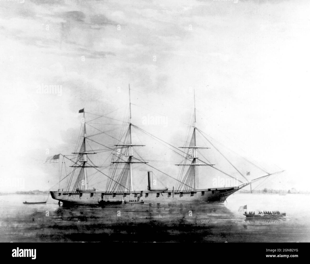 USS Hartford, a sloop-of-war, steamer, was the first ship of the United States Navy named for Hartford, the capital of Connecticut. Hartford served in several prominent campaigns in the American Civil War as the flagship of David G. Farragut, most notably the Battle of Mobile Bay in 1864. She survived until 1956, when she sank awaiting restoration at Norfolk, Virginia. Stock Photo