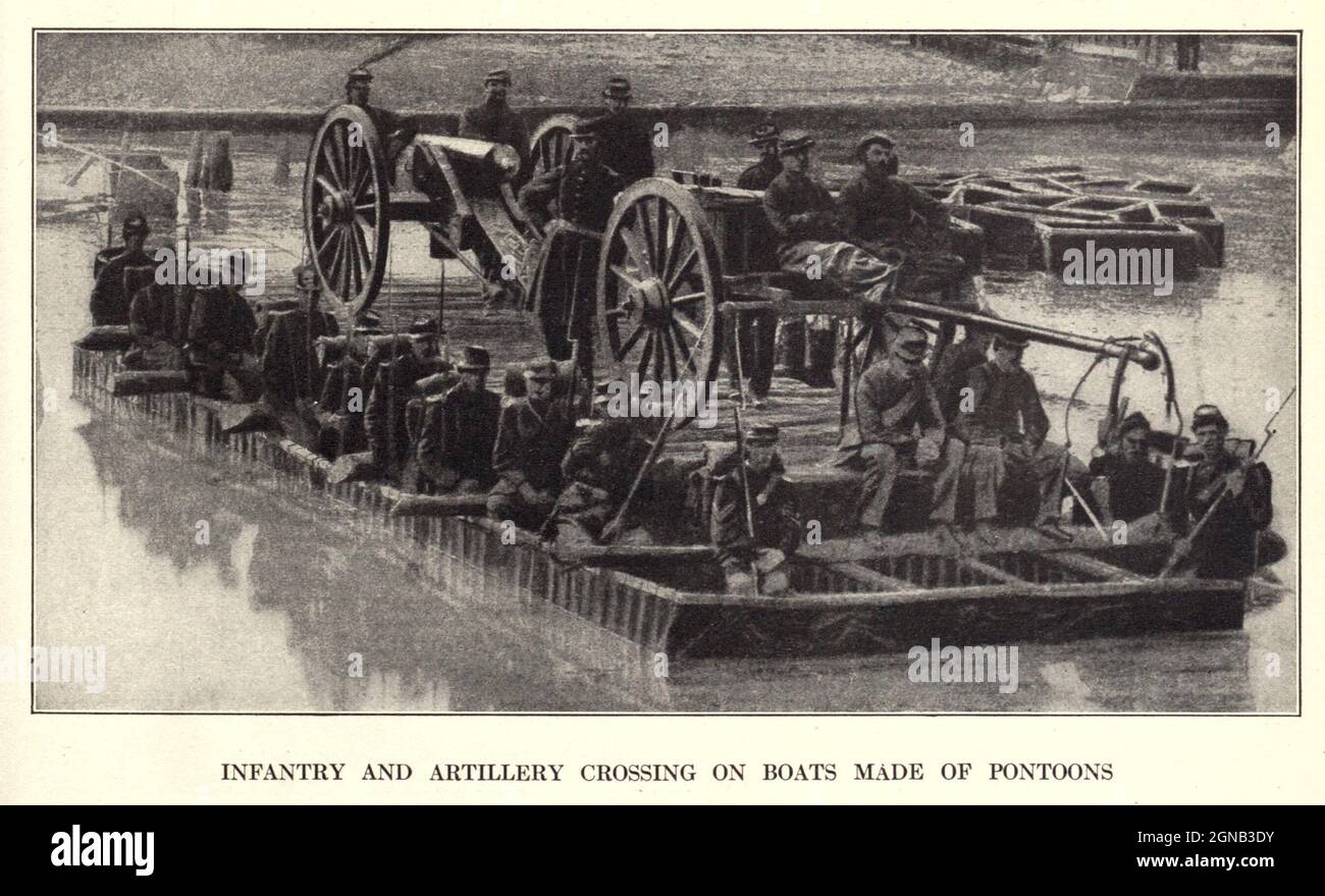INFANTRY AND ARTILLERY CROSSING ON BOATS MADE OF PONTOONS from the book ' The Civil war through the camera ' hundreds of vivid photographs actually taken in Civil war times, sixteen reproductions in color of famous war paintings. The new text history by Henry W. Elson. A. complete illustrated history of the Civil war Stock Photo