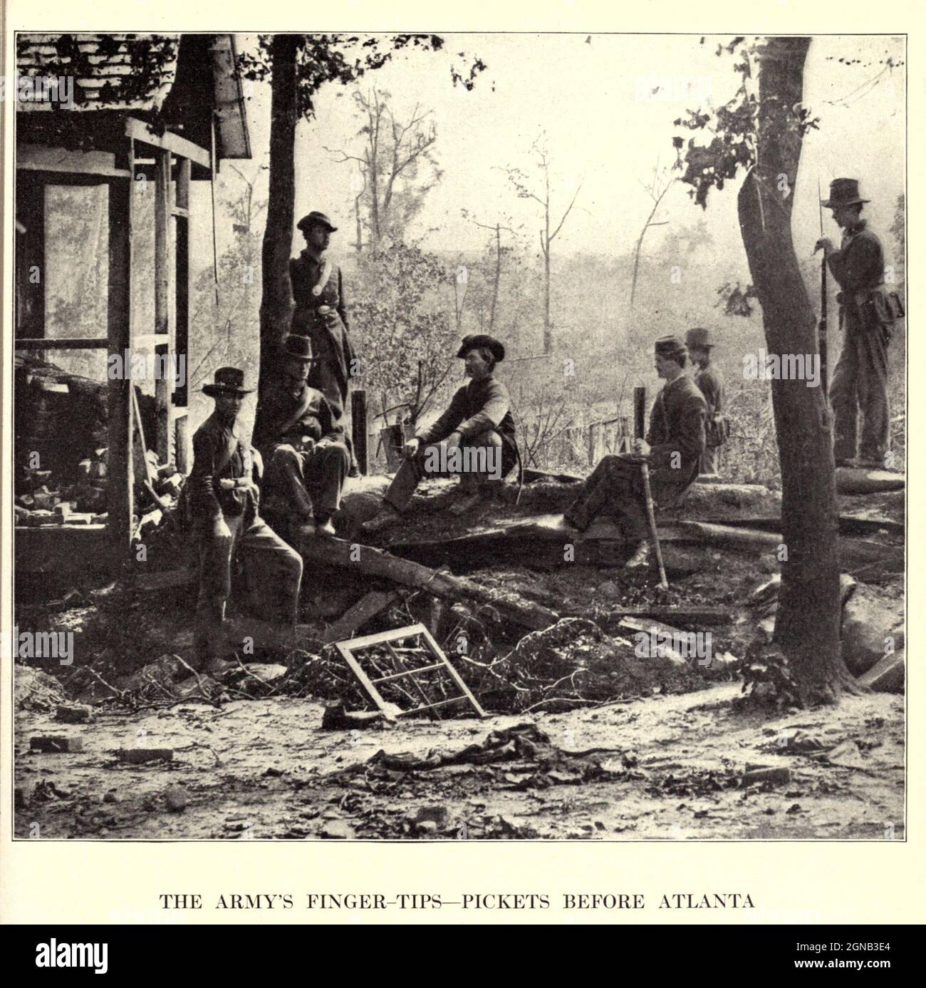 Federal picket post on the lines before Atlanta. This picture was taken shortly before the battle of July 22d. from the book ' The Civil war through the camera ' hundreds of vivid photographs actually taken in Civil war times, sixteen reproductions in color of famous war paintings. The new text history by Henry W. Elson. A. complete illustrated history of the Civil war Stock Photo