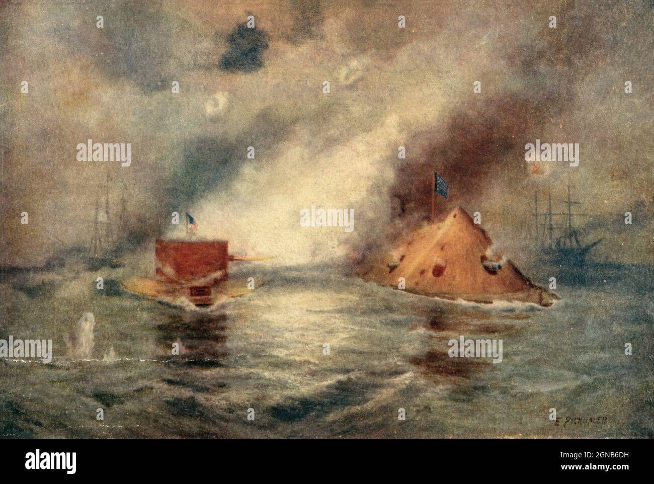 Battle of the Monitor and Merrimack, also called Battle of Hampton Roads, (March 9, 1862), in the American Civil War, naval engagement at Hampton Roads, Virginia, a harbour at the mouth of the James River, notable as history's first duel between ironclad warships and the beginning of a new era of naval warfare. Color artwork painting from the book ' The Civil war through the camera ' hundreds of vivid photographs actually taken in Civil war times, sixteen reproductions in color of famous war paintings. The new text history by Henry W. Elson. A. complete illustrated history of the Civil war Stock Photo