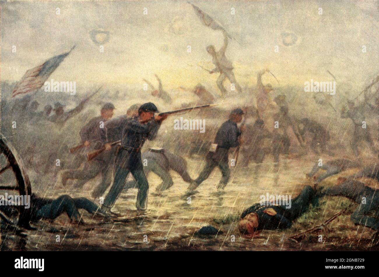 Battle at Spotsylvania, Virginia (Here as Spottsylvania) A battle between the armies of Grant and Lee during the Wilderness Campaign Color artwork painting from the book ' The Civil war through the camera ' hundreds of vivid photographs actually taken in Civil war times, sixteen reproductions in color of famous war paintings. The new text history by Henry W. Elson. A. complete illustrated history of the Civil war Stock Photo