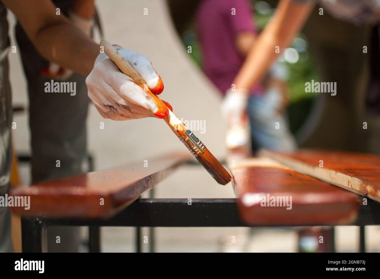 Female worker makes painting works of wooden products, plank with brown