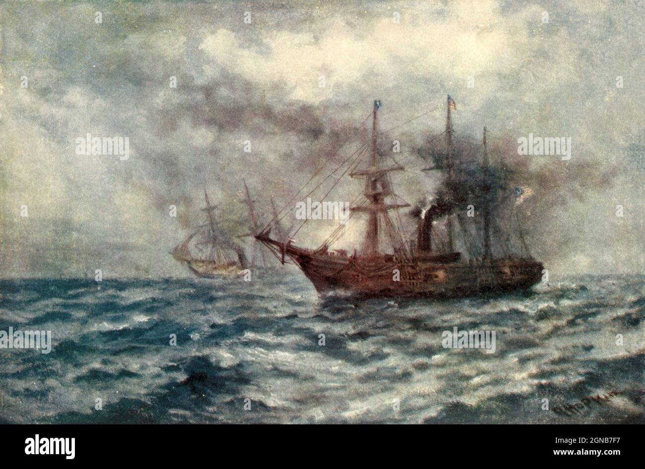 USS Kearsarge (1861) was a sloop of war launched 11 September 1861, fought in the American Civil War, defeated the Confederate commerce raider CSS Alabama, and was wrecked off Central America 2 February 1894. Color artwork painting from the book ' The Civil war through the camera ' hundreds of vivid photographs actually taken in Civil war times, sixteen reproductions in color of famous war paintings. The new text history by Henry W. Elson. A. complete illustrated history of the Civil war Stock Photo