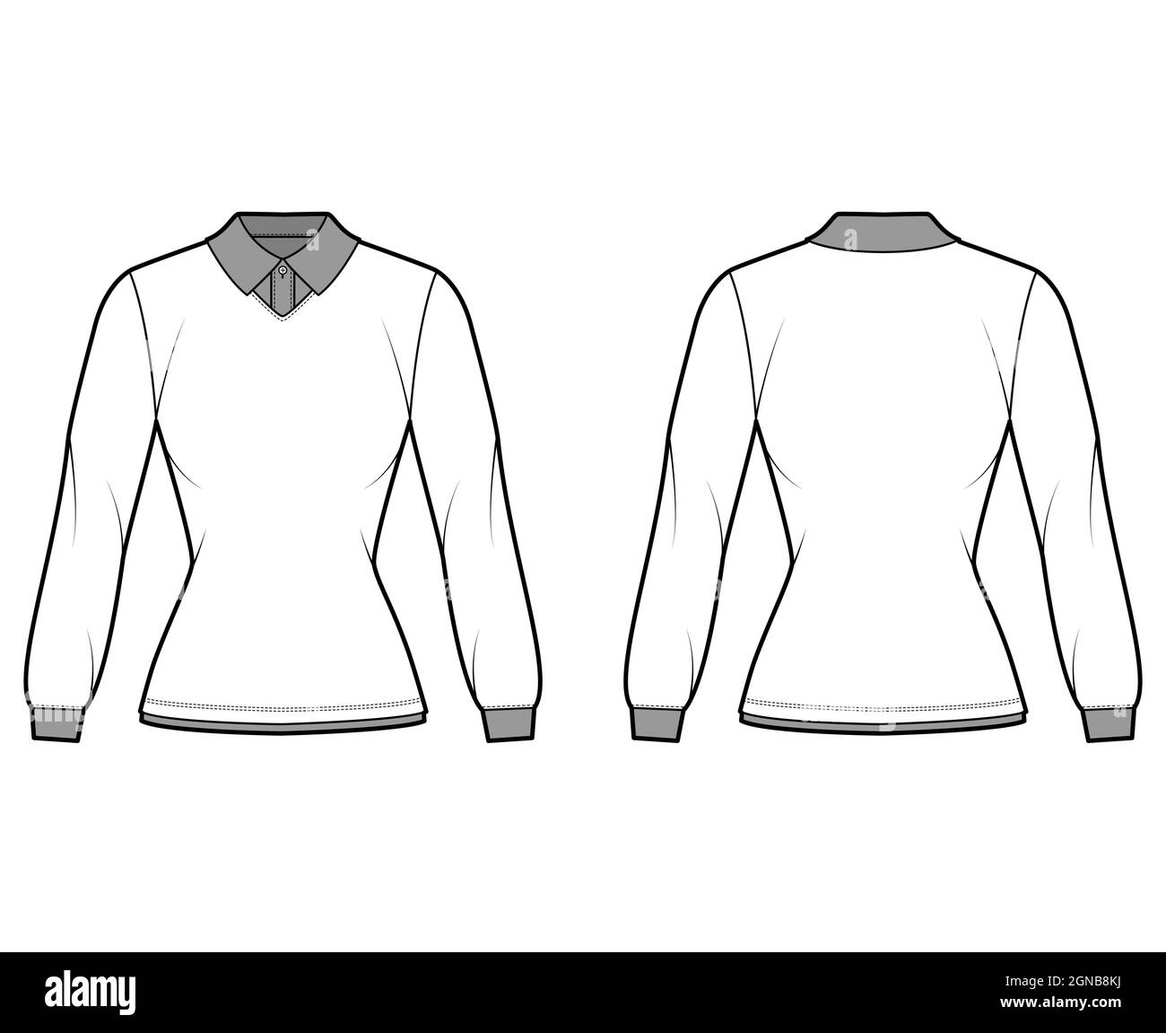 Shirt double collar technical fashion illustration with long sleeves, tunic length, henley neck, fitted, flat classic collar. Apparel top outwear template front, back, white color. Women CAD mockup Stock Vector