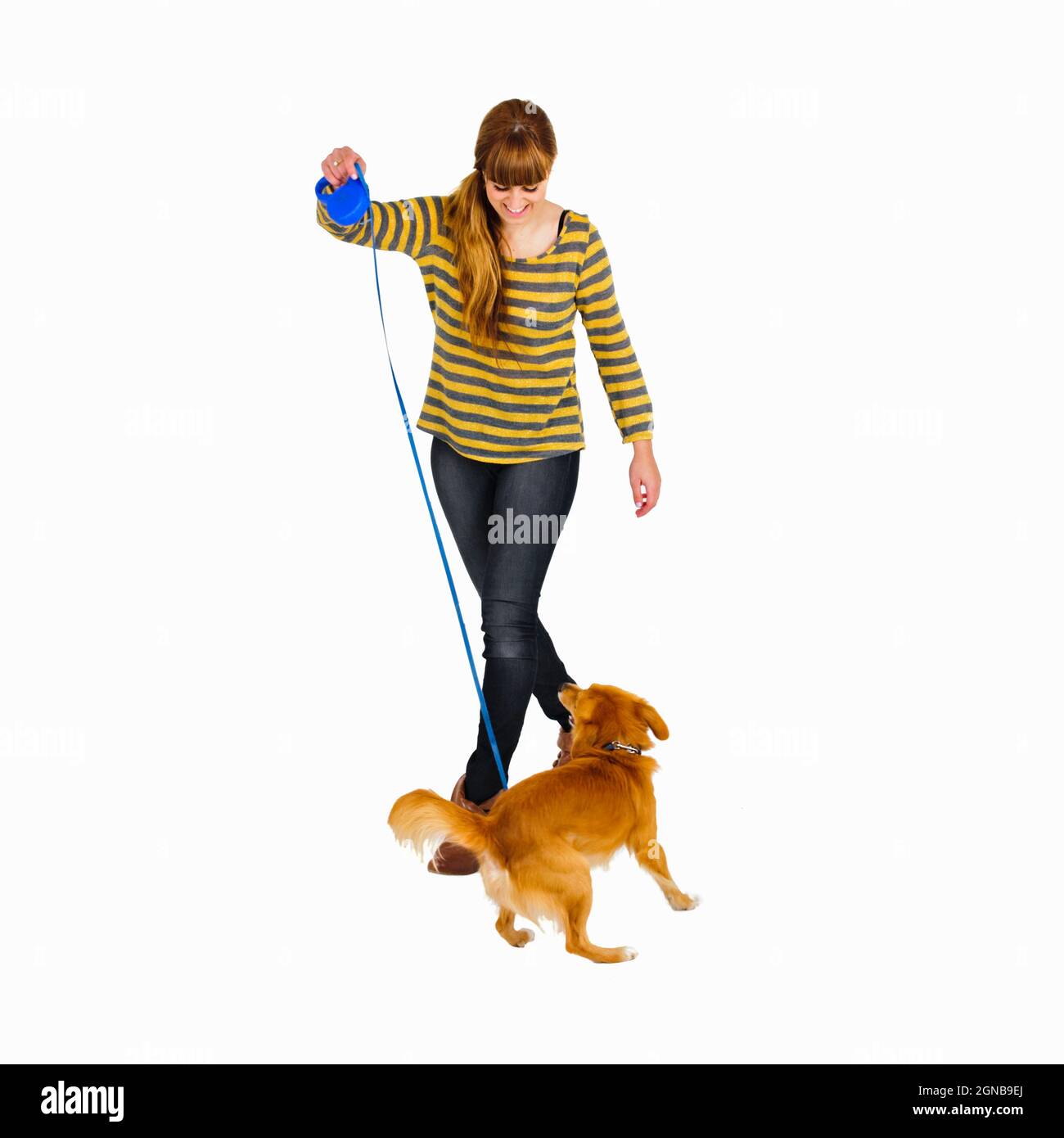 Young woman walks her dog Studio shot white background Stock Photo Alamy