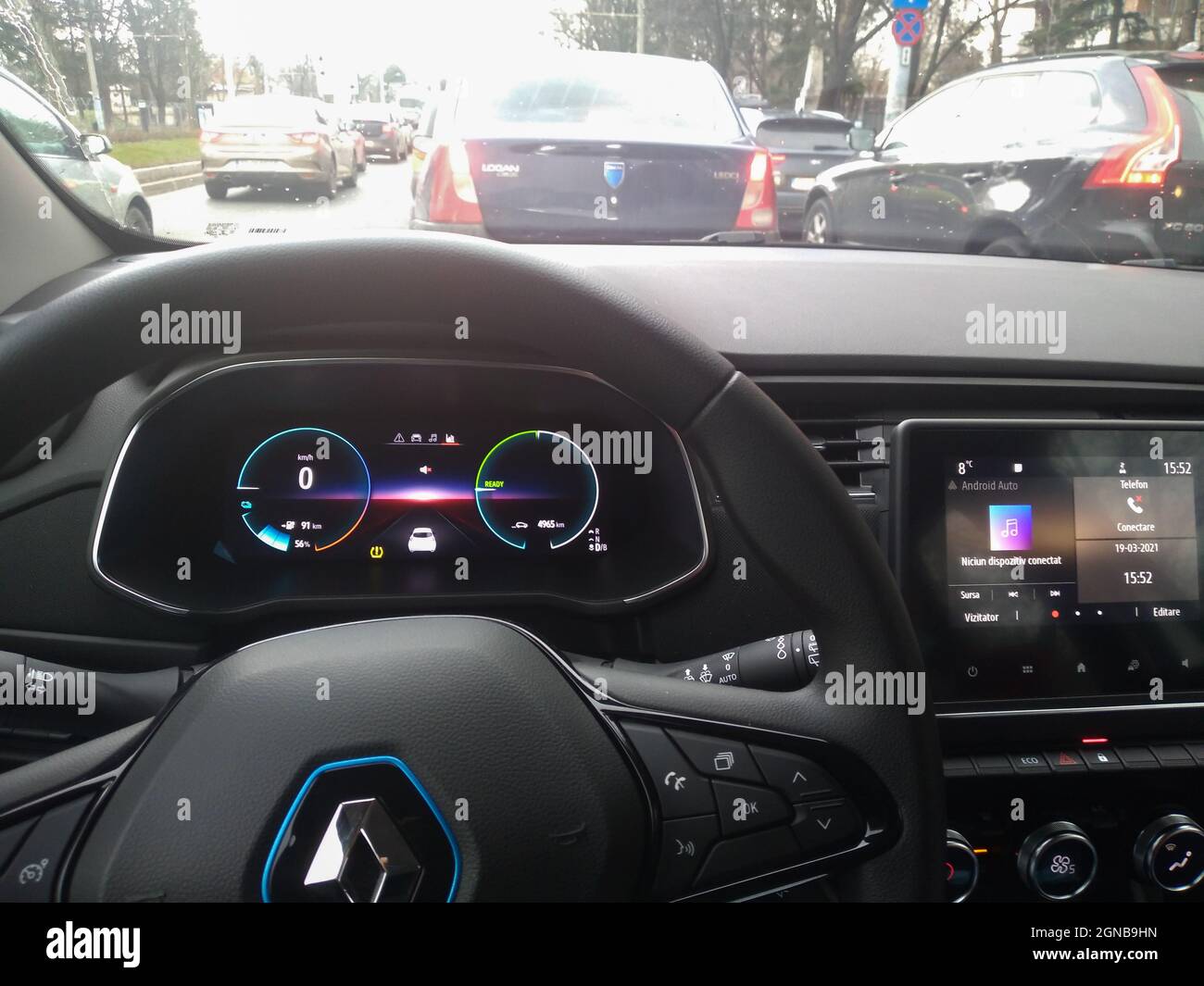 New Renault Zoe electric car interior. Steering wheel with control