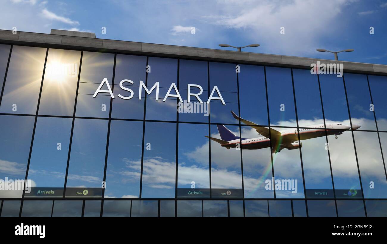 Aircraft landing at Asmara, Eritrea 3D rendering illustration. Arrival in the city with the glass airport terminal and reflection of jet plane. Travel Stock Photo