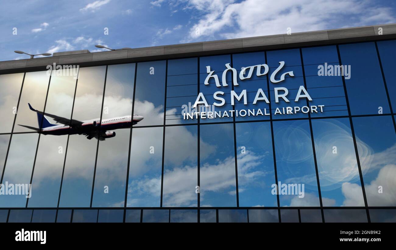 Aircraft landing at Asmara, Eritrea 3D rendering illustration. Arrival in the city with the glass airport terminal and reflection of jet plane. Travel Stock Photo