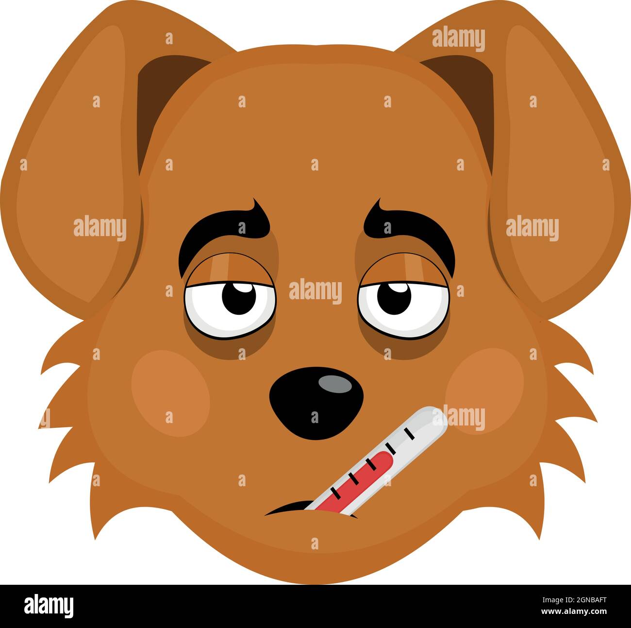 Vector emoticon illustration of a cartoon dog's face with a sick expression and a thermometer in its mouth Stock Vector