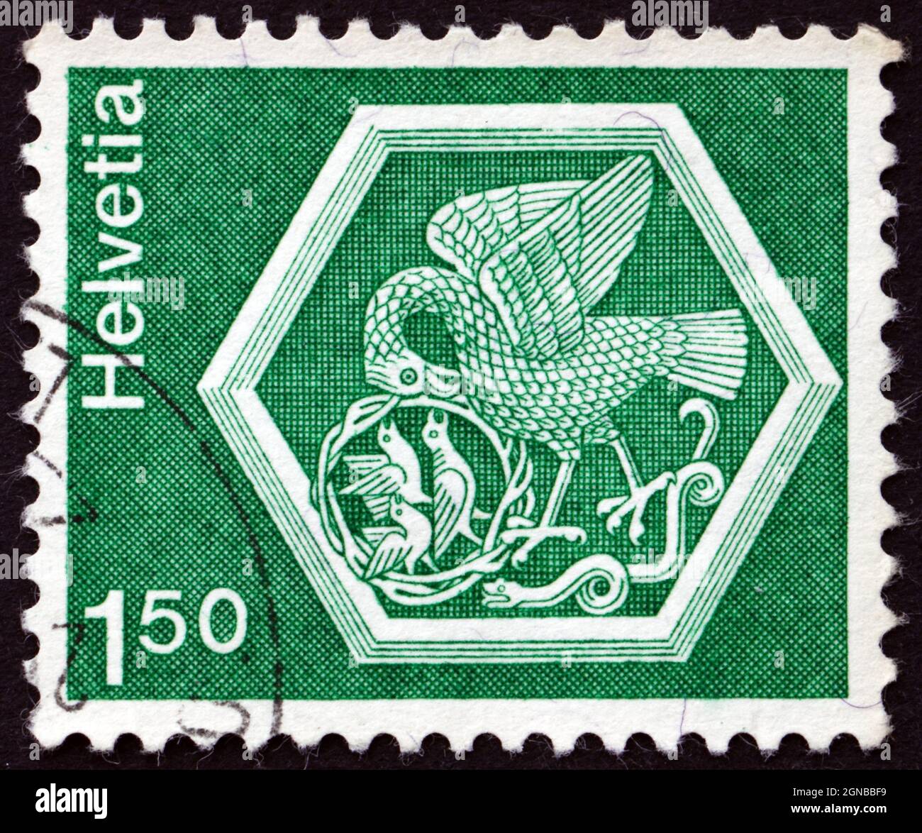 SWITZERLAND - CIRCA 1974: a stamp printed in the Switzerland shows Ceiling medalion, Bird Feeding Nestlings, Stein and Rhein Convent, circa 1974 Stock Photo
