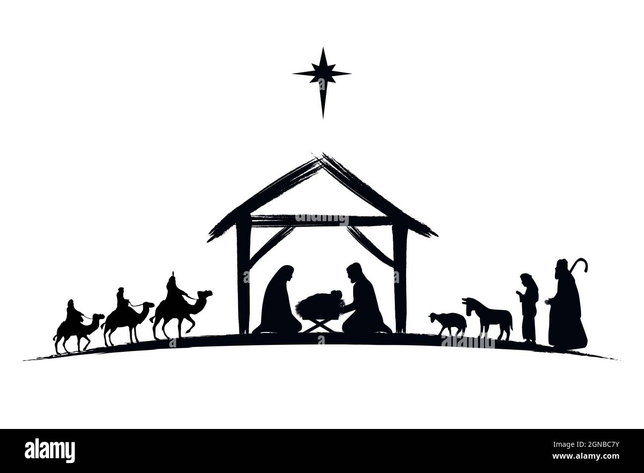 Nativity scene silhouette Jesus in manger, shepherd and wise men. Christmas story Mary Joseph and baby Jesus in nursery. The birth of Christ Stock Vector