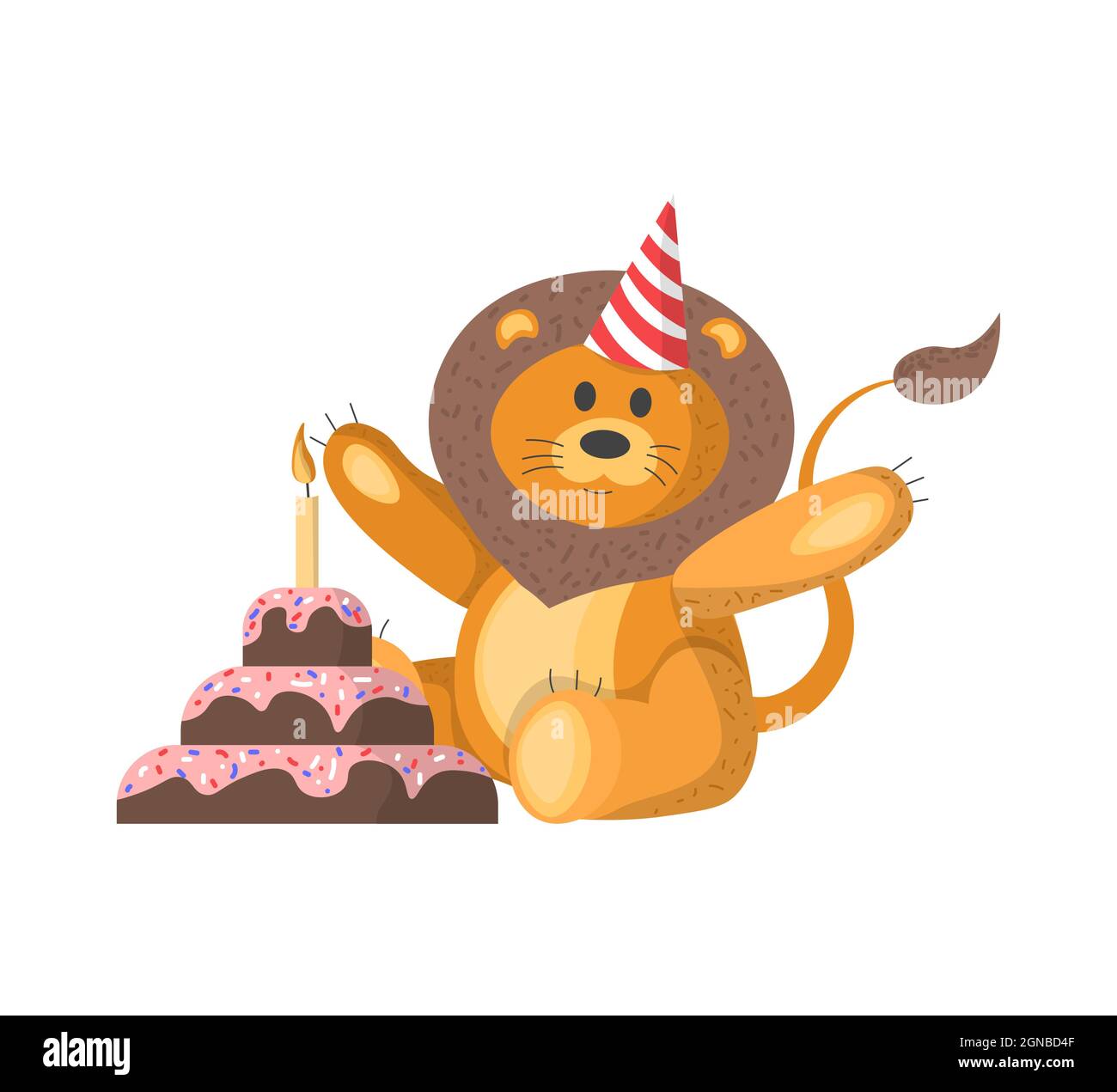 cute lion with cake and a hat birthday on his head, animal birthday ...
