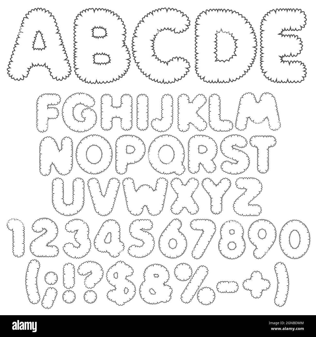 Shaggy alphabet, letters, numbers and signs. Isolated vector objects on white background. Stock Vector