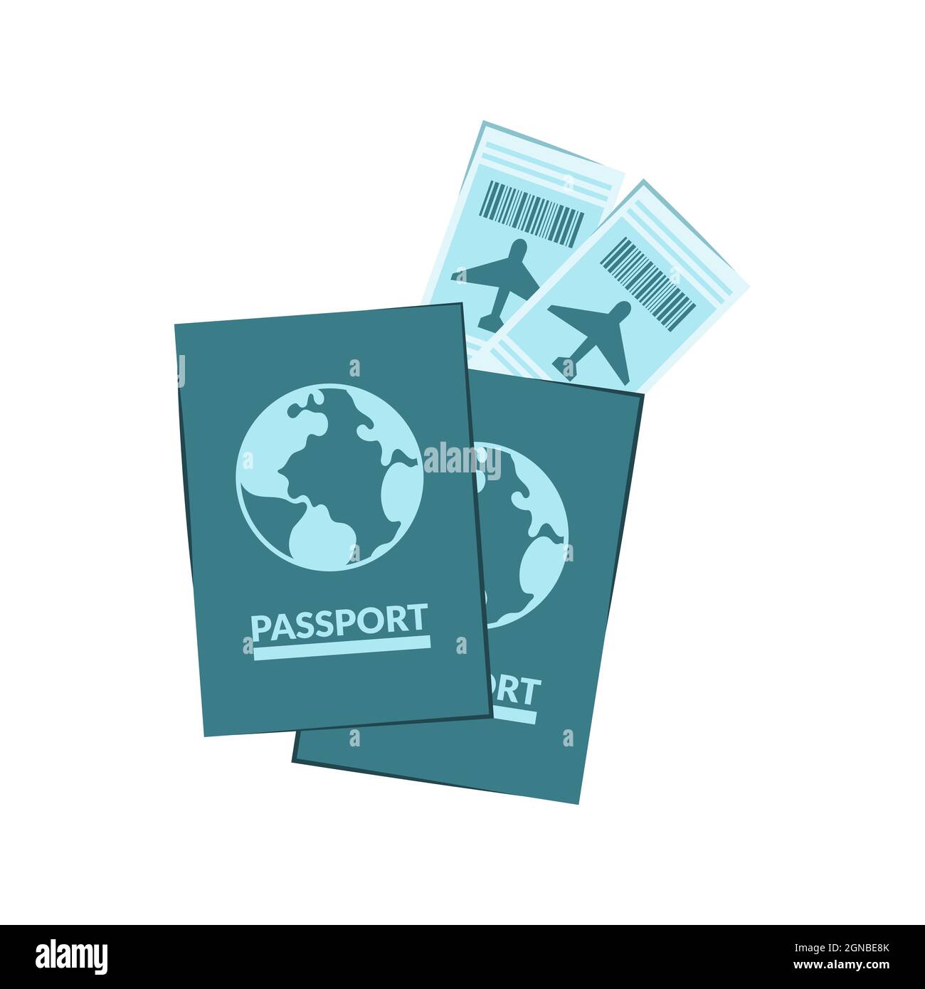 Two passports with plane tickets isolated on white background. Vector flat illustration. time to travel Stock Vector
